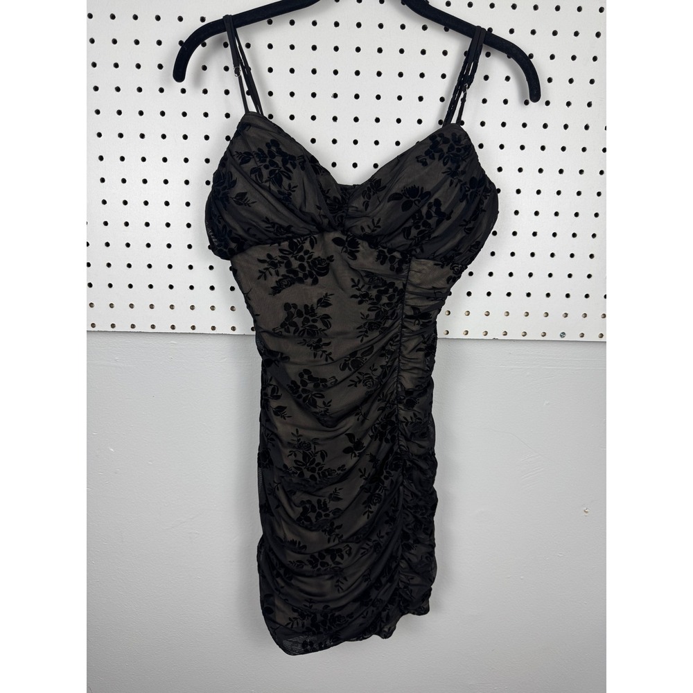 Windsor Black Flocked Floral Mesh Ruched Mini Dress Dark Coquette Goth‎ L
